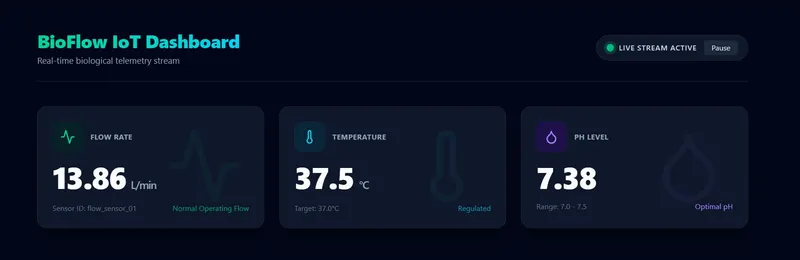 The BioFlow IoT dashboard streaming flow rate, temperature and pH readings