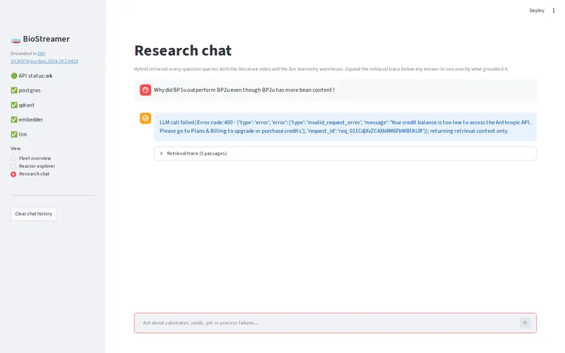 BioStreamer's research chat reporting a failed language model call and returning its retrieval trace anyway
