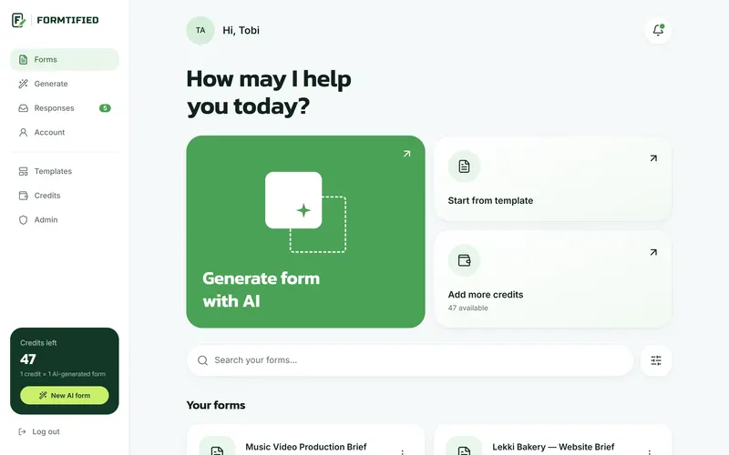 The creator dashboard: generate a form with AI, start from a template or add credits