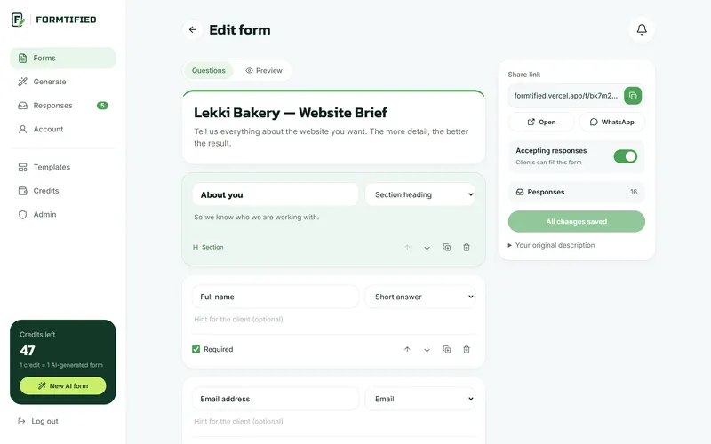 The form editor, with sections, question types and a share panel