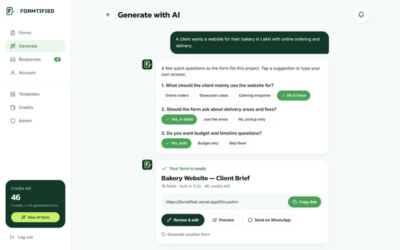 Formtified's AI generator after three quick questions, with the finished form and its share link