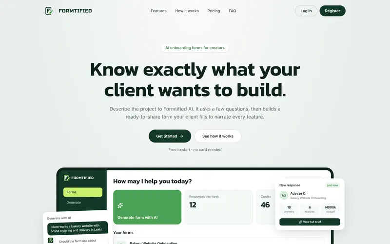 Formtified's landing page: Know exactly what your client wants to build
