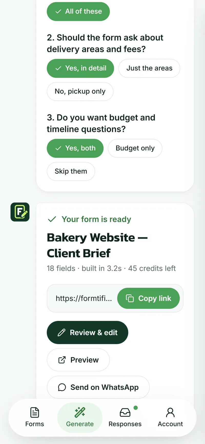 The AI generator on a phone, with the finished form ready to share