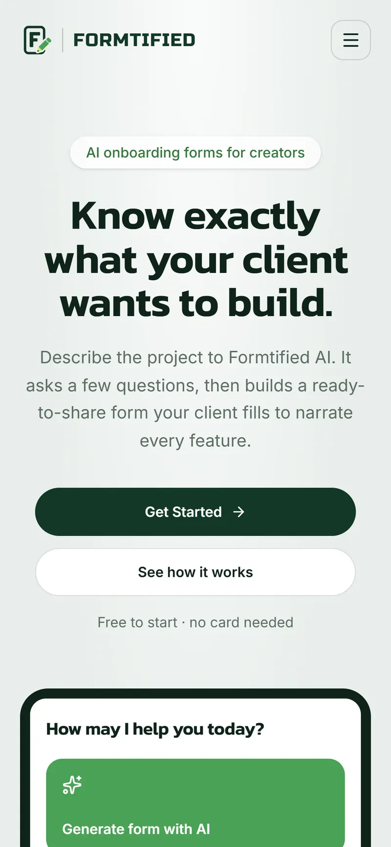 Formtified's landing page on a phone