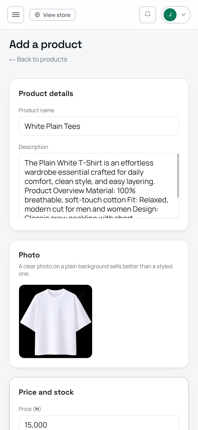 The Add a product screen, with a photo of a white T-shirt